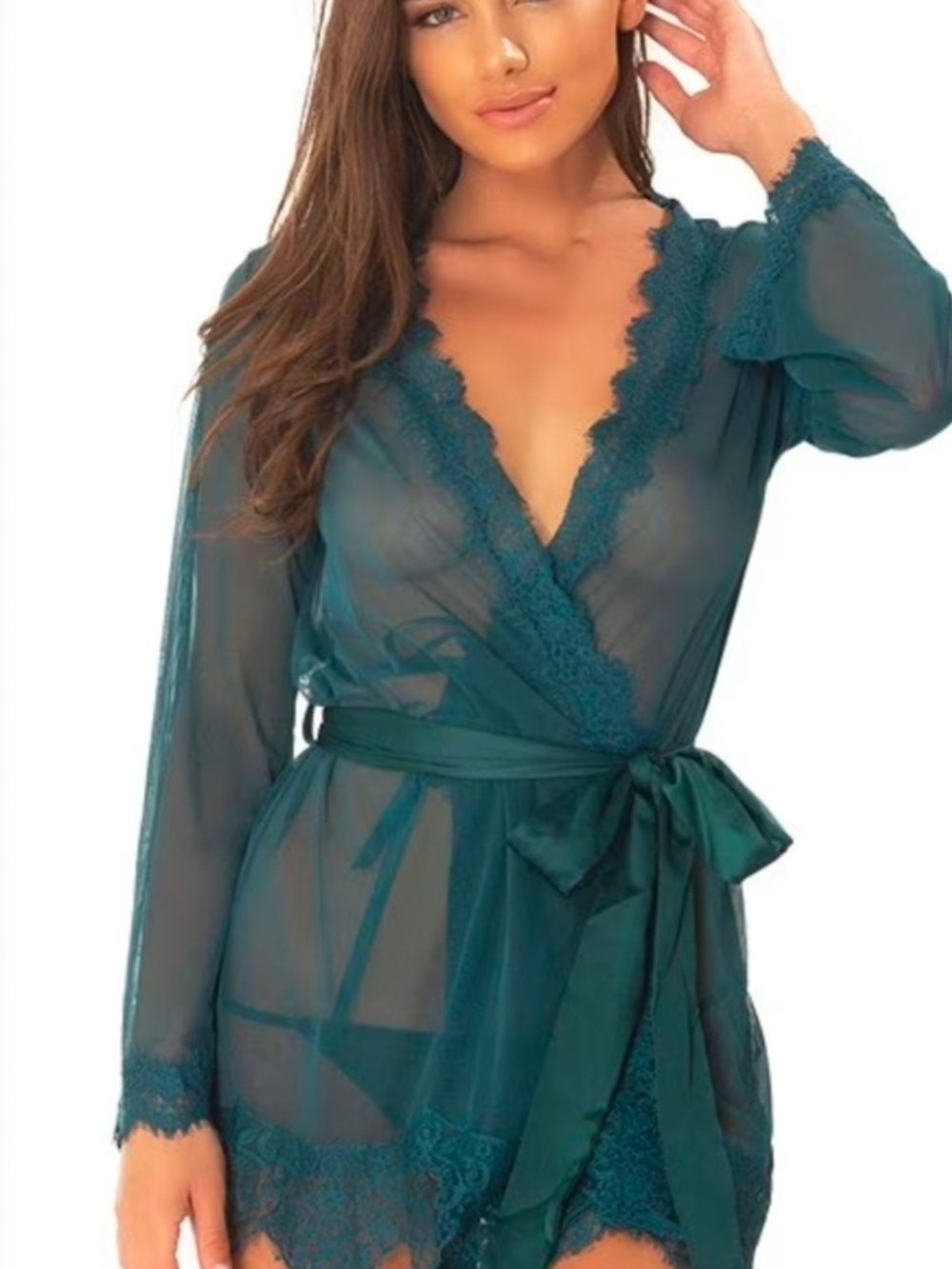 Sheer Lace-Trim Wrap Robe In Teal S/M in New Condition